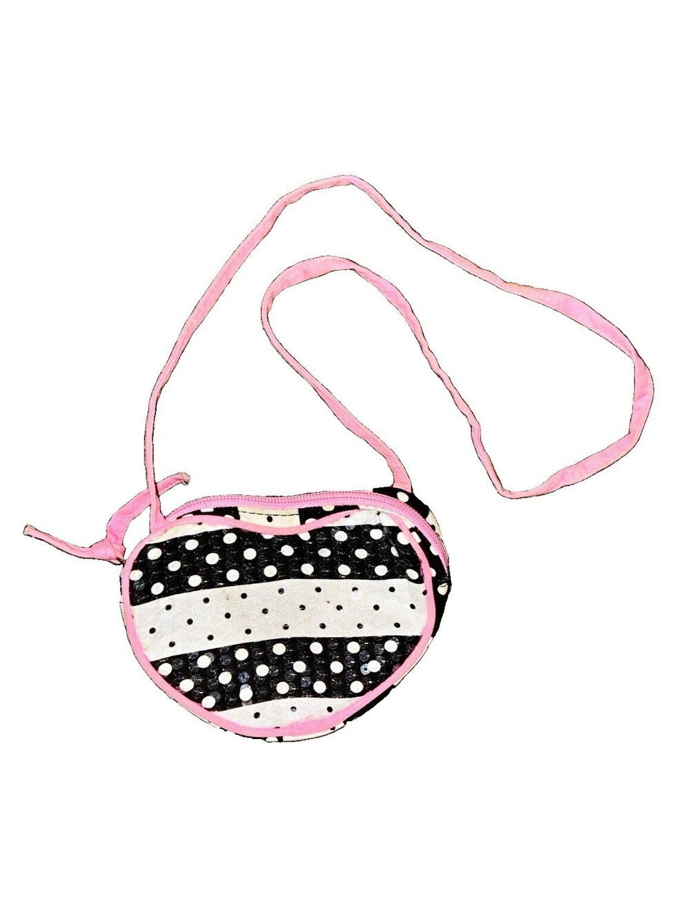 Mini Heart Shaped Polka Dot Sequin Crossbody Bag Zip Closure Pink Strap